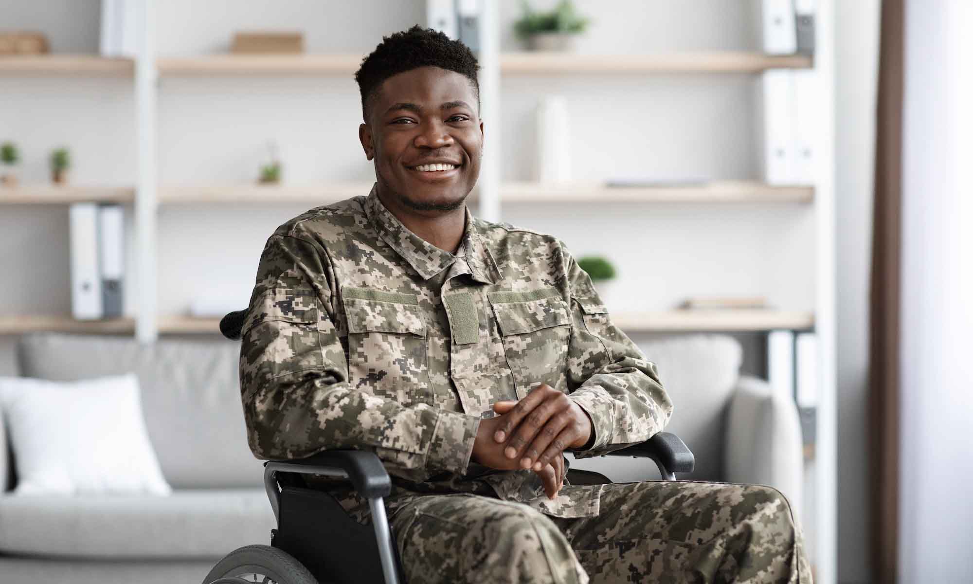 Military person sitting in wheelchair