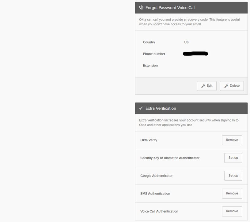 Extra Verification section describing set up. This dialog shows a blacked out phone number and explains that Okta can call you to verify.