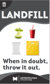 Landfill: foot waster, takeout cups, plastic packaging, and plastic bags. When in doubt, throw it out.