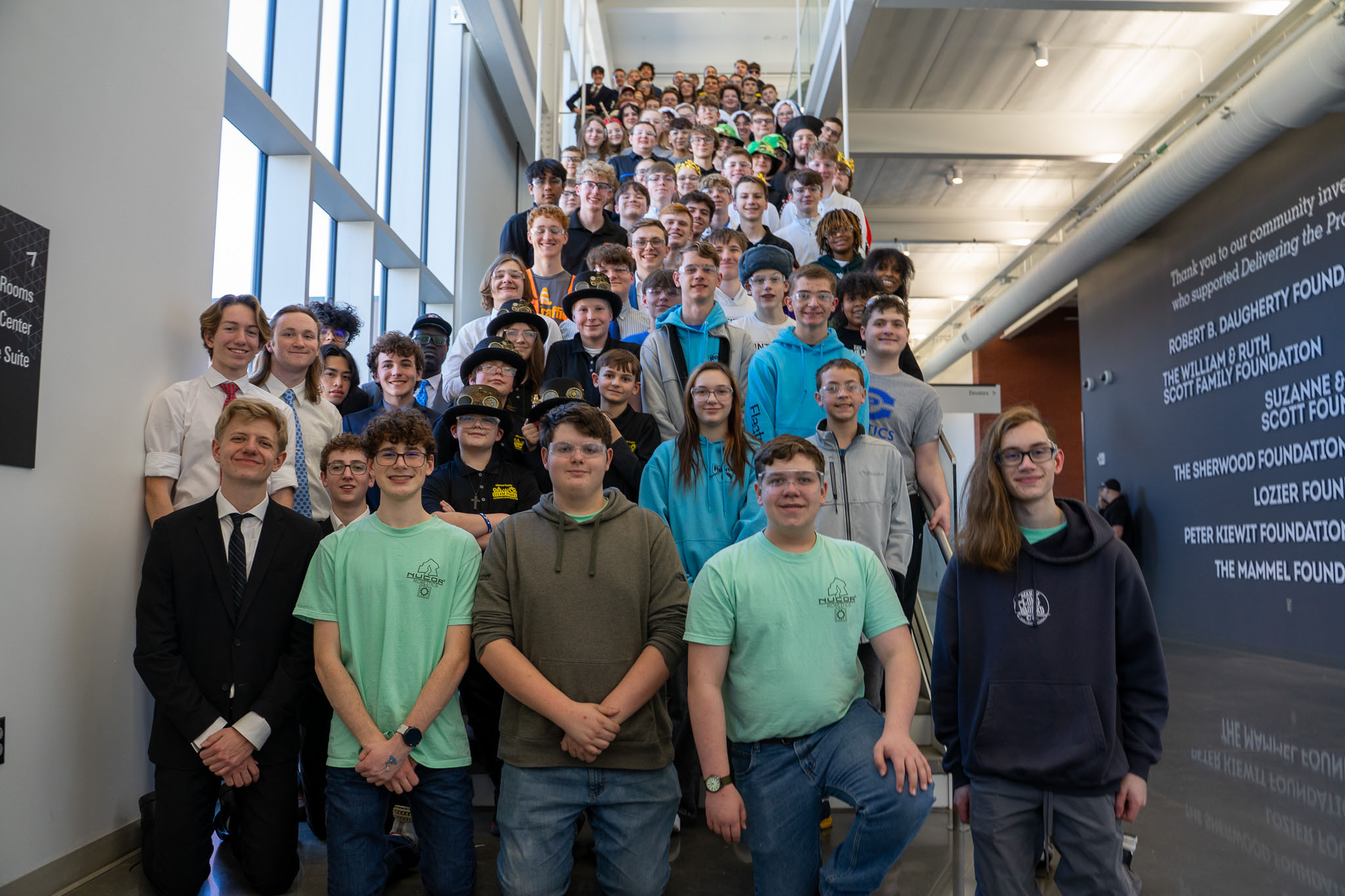 FTC Students 125 participating students gather on the staircase at the MCC Center for Advanced and Emerging Technology for the 2026 FTC Nebraska Championship
