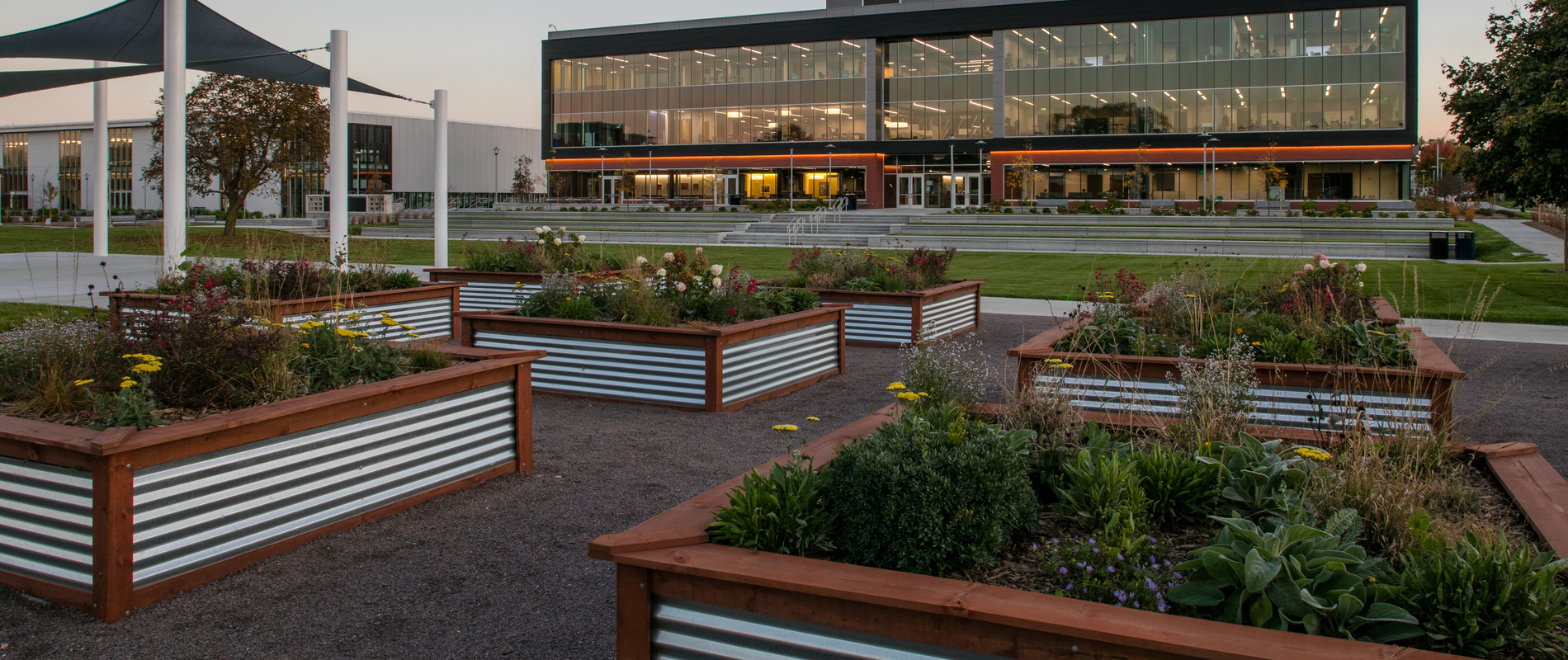 Raised garden beds on the Fort Omaha Campus