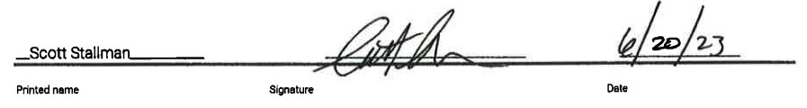 Scott Stallman Signature, Signed on June 20th 2023